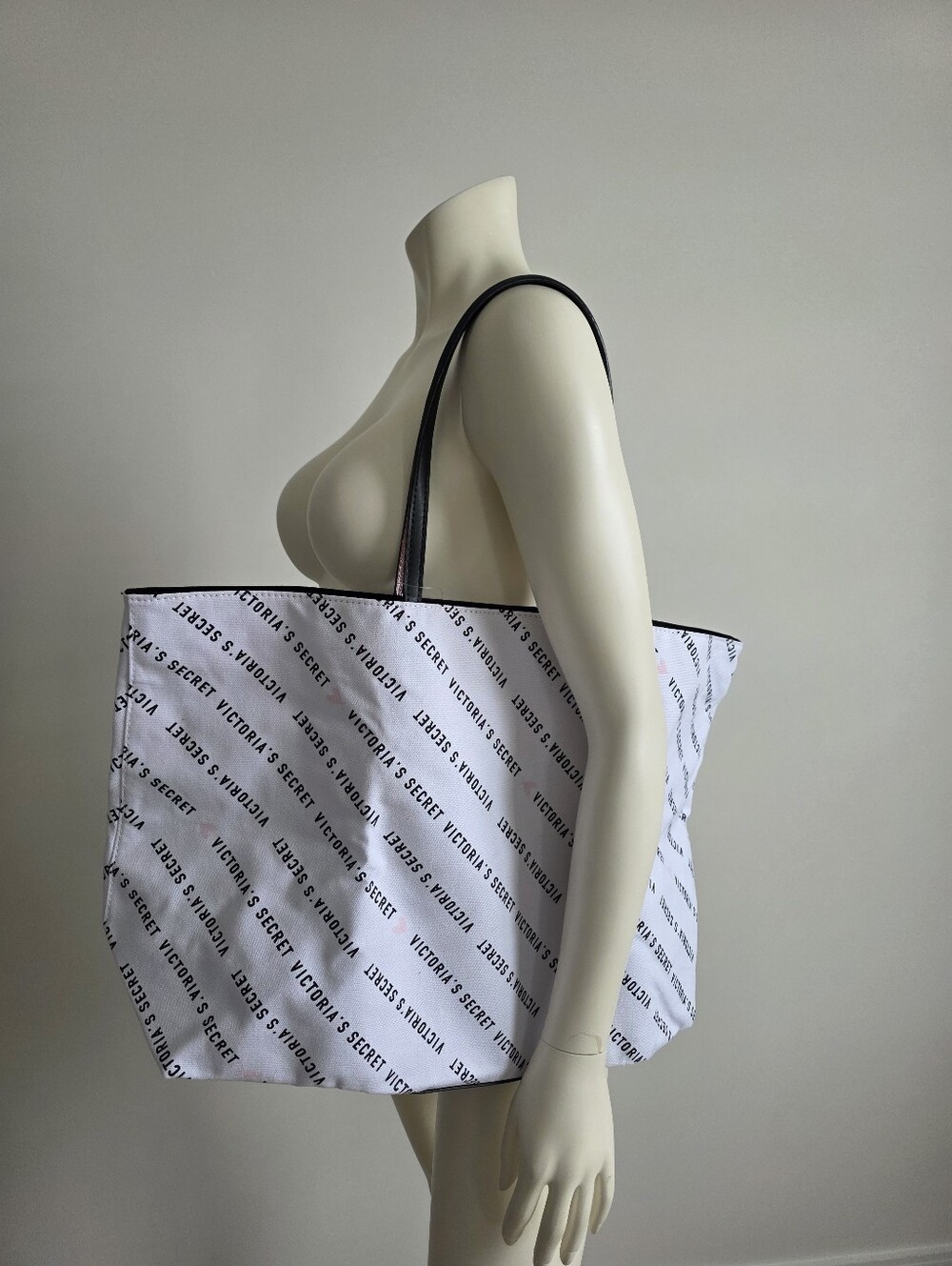 NWT Victoria's Secret White Logo Stripe Tote with Black & Pink Handles